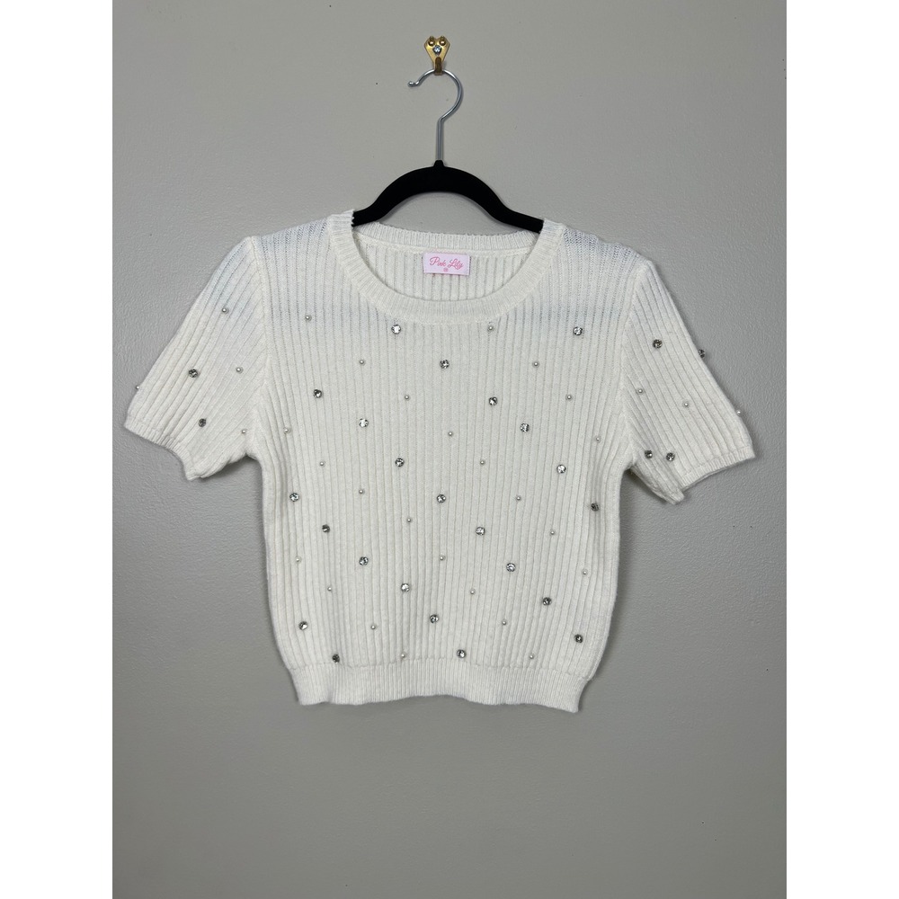 Pink Lily Women White Ribbed Knit Pearl Rhinestone Short Sleeve Sweater Size M